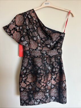Monique Lhuillier One-Shoulder Floral Jacquard Dress - Black & Rose Gold